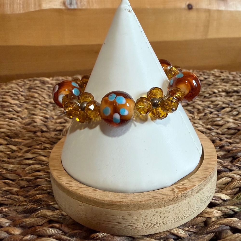 Artisan Lampwork Glass Bead Bracelet Amber Gold Blue Polka Dot Whimsigoth Boho